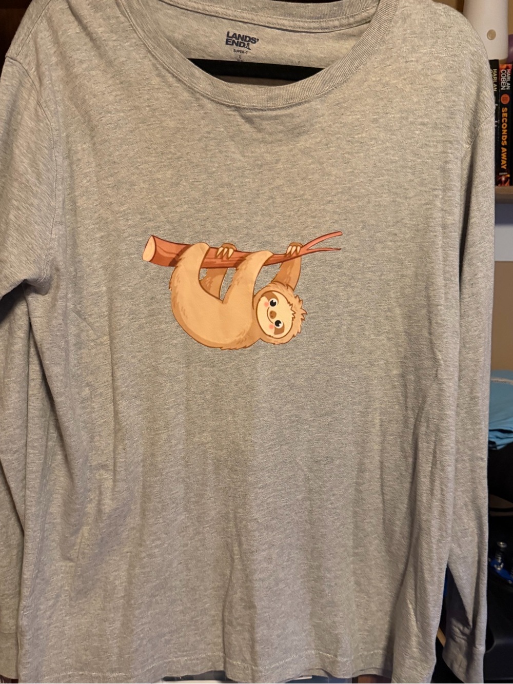 Lands' End Gray Long-Sleeve Tee with Playful Sloth Graphic